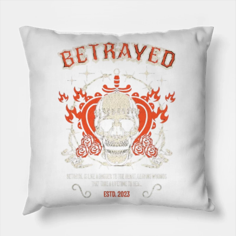 Vintage Gothic Skull with Roses and Betrayed Typography Design Throw Pillow