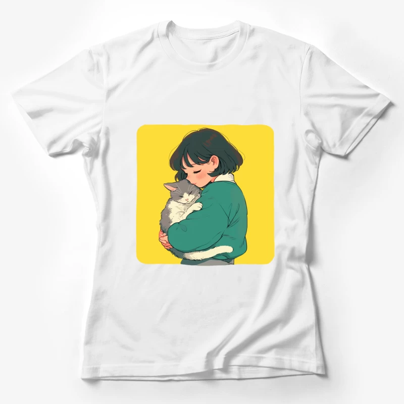 Gentle Embrace: Girl in Green Cuddling Gray Cat Female T-Shirt