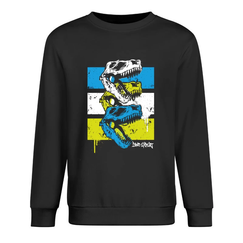 Layered T-Rex Skulls: Grunge Street Art Aesthetic Male Pullover Sweatshirt