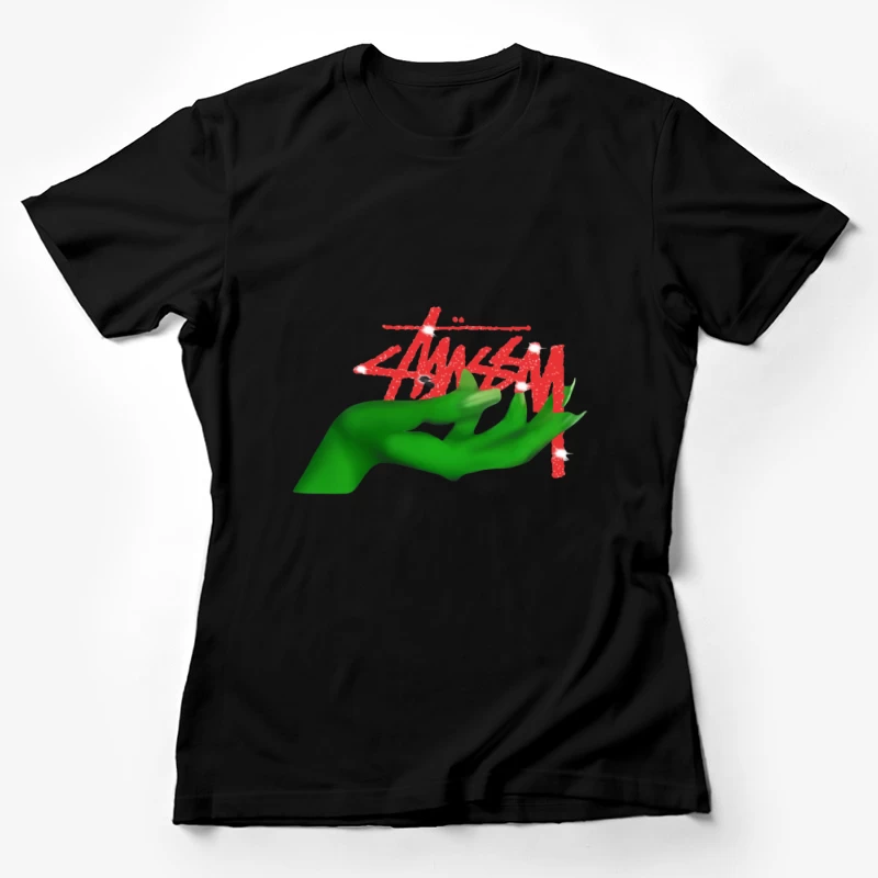 Grünes Handdesign mit rotem Schriftzug Damen T-Shirt