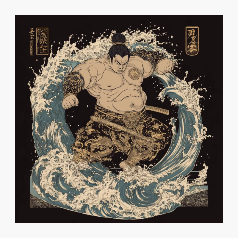 Powerful Sumo Warrior Riding the Waves in Traditional Japanese Style Pin