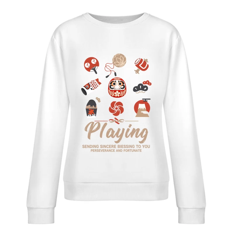Japanische Glückssymbole und Wünsche Damen Pullover Sweatshirt