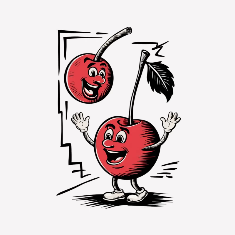 cartoon cherries anthropomorphic fruit retro illustration cheerful characters vintage style red and black artwork Male T-Shirt