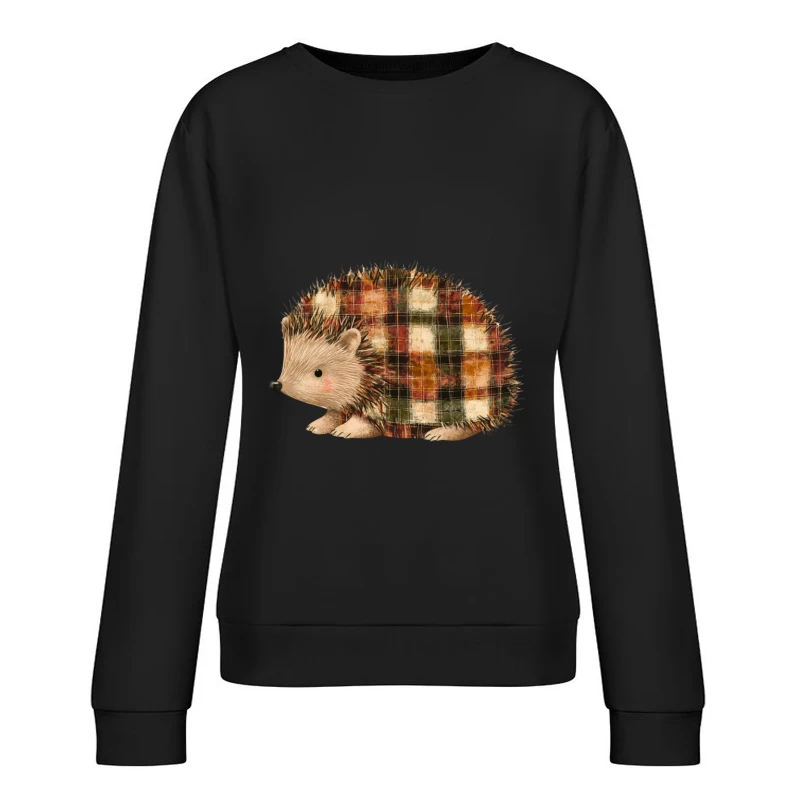 Cute Plaid Hedgehog Watercolor Illustration Female Pullover Sweatshirt