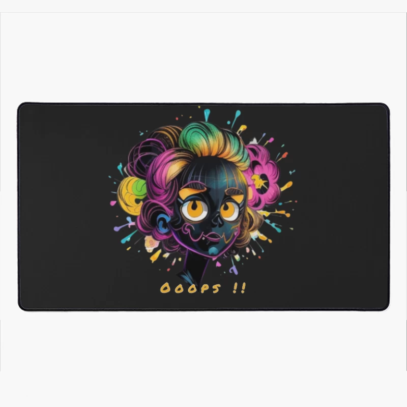 Whimsical Cartoon Character with Rainbow Hair and Paint Splashes Desk Mat