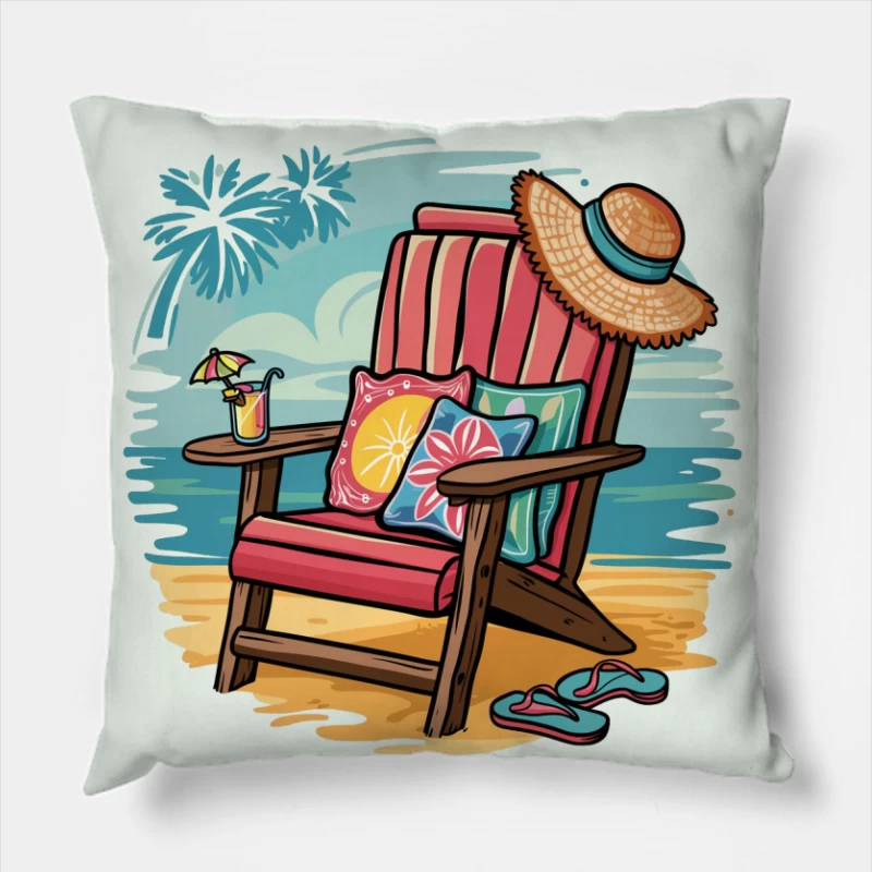 Relaxing Beach Scene with Chair and Accessories Throw Pillow