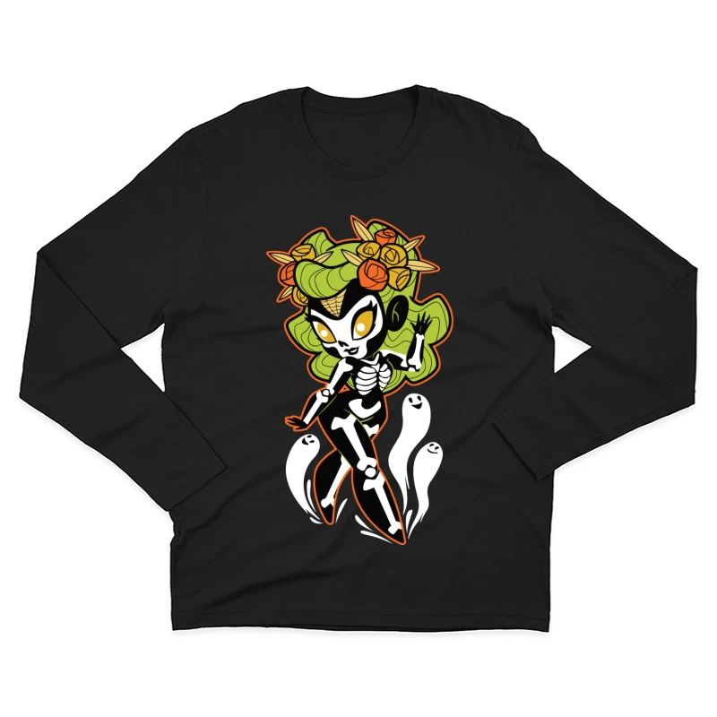 Ghostly Floral Skeleton Character Male Long Sleeve T-Shirt