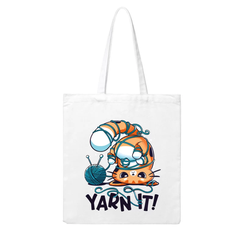 Yarn It! Whimsical Cat Illustration Cotton Tote Bag