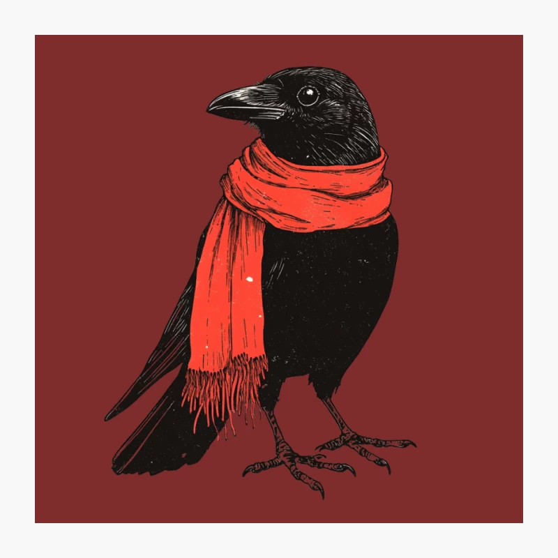 Stylish Crow in Red Scarf: Artistic Winter Illustration Pin