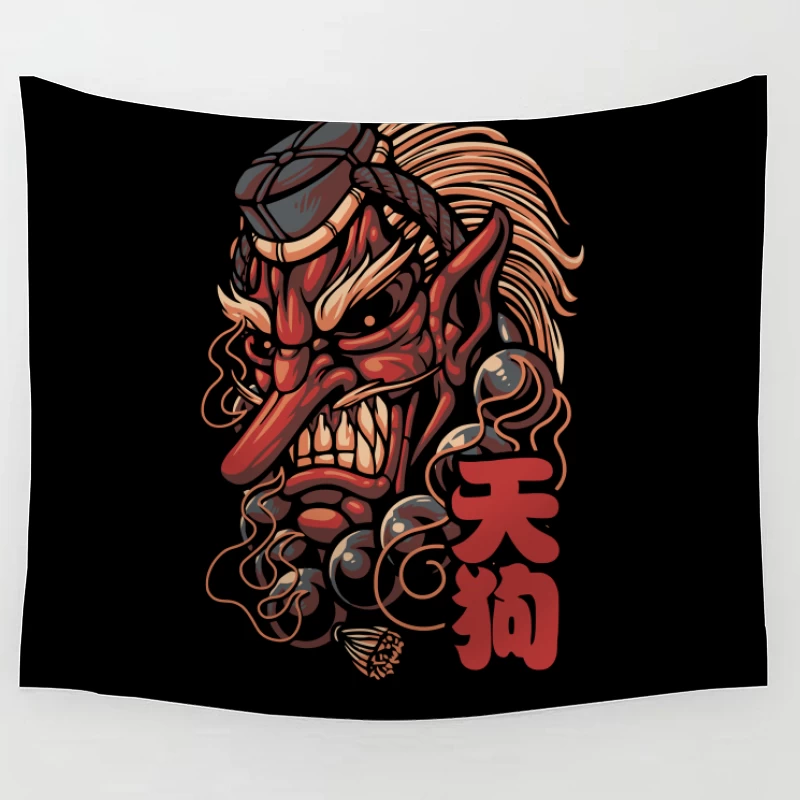 Ferocious Demon Illustration in Traditional Art Style Tapestry