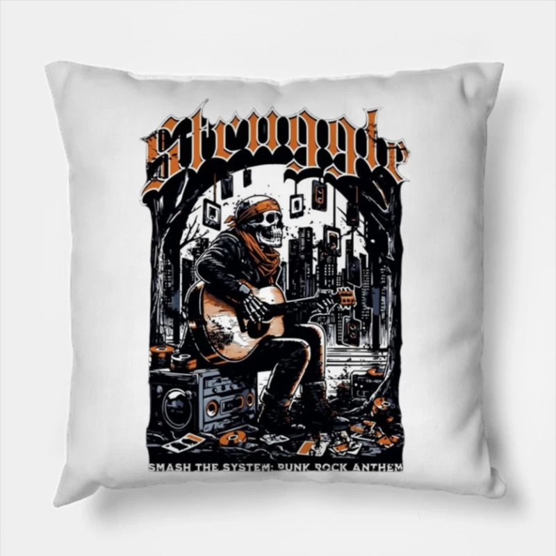 Punk Rock Skeleton Guitarist in Urban Grunge Scene Throw Pillow