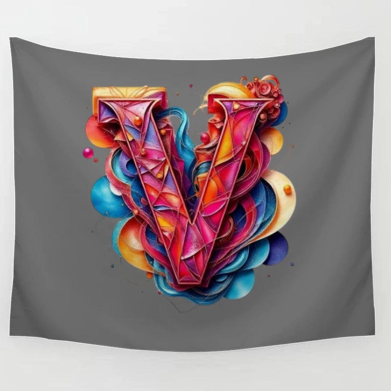 Vibrant Geometric Letter V with Abstract Swirls Tapestry