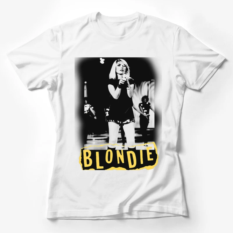 Iconic Blondie Concert Performance in Black and White, 1970s Female T-Shirt