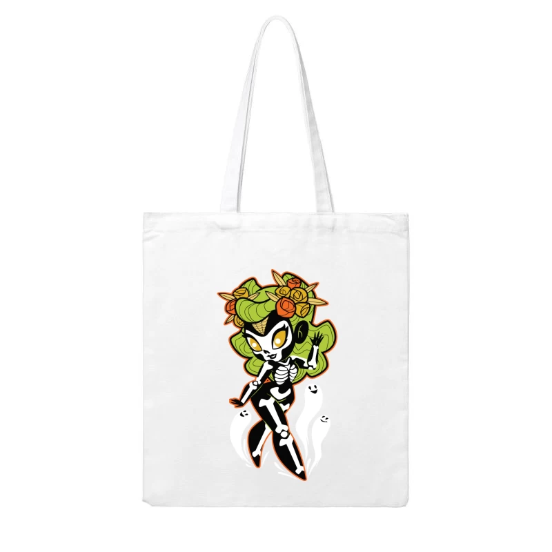 Ghostly Floral Skeleton Character Cotton Tote Bag