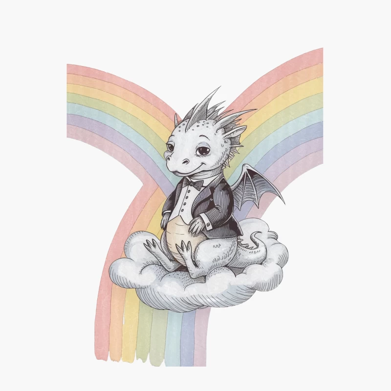 Cute Dragon in Suit on Rainbow Cloud Fantasy Illustration Cotton Tote Bag