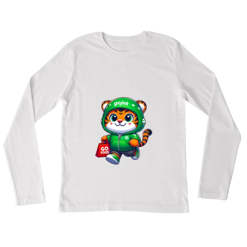 Niedliches Tiger-Maskottchen von Gojek mit GoFood-Tasche Damen Langarm T-Shirt