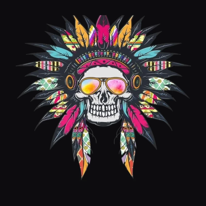 Colorful Skull with Headdress and Sunglasses Throw Pillow