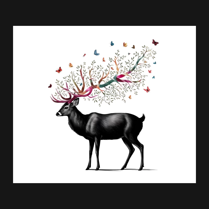 Whimsical Deer with Butterfly-Adorned Antlers: A Surreal Nature Portrait Mouse Pad