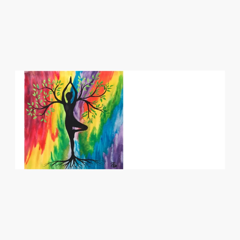 Vibrant Tree Pose: Yoga Silhouette Amidst Rainbow Nature Coffee Mug