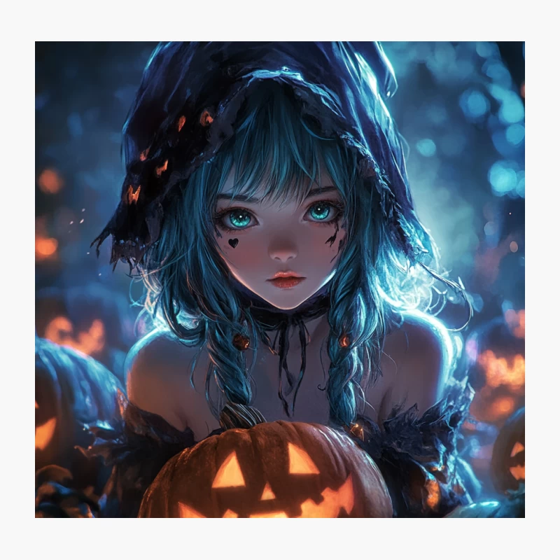 Ethereal Halloween Anime Girl with Glowing Jack-o'-Lantern Throw Pillow