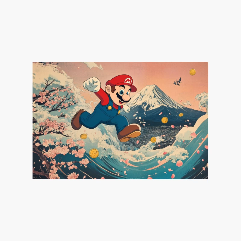 Mario Surfing a Wave in Japanese-Inspired Video Game Art Cotton Tote Bag