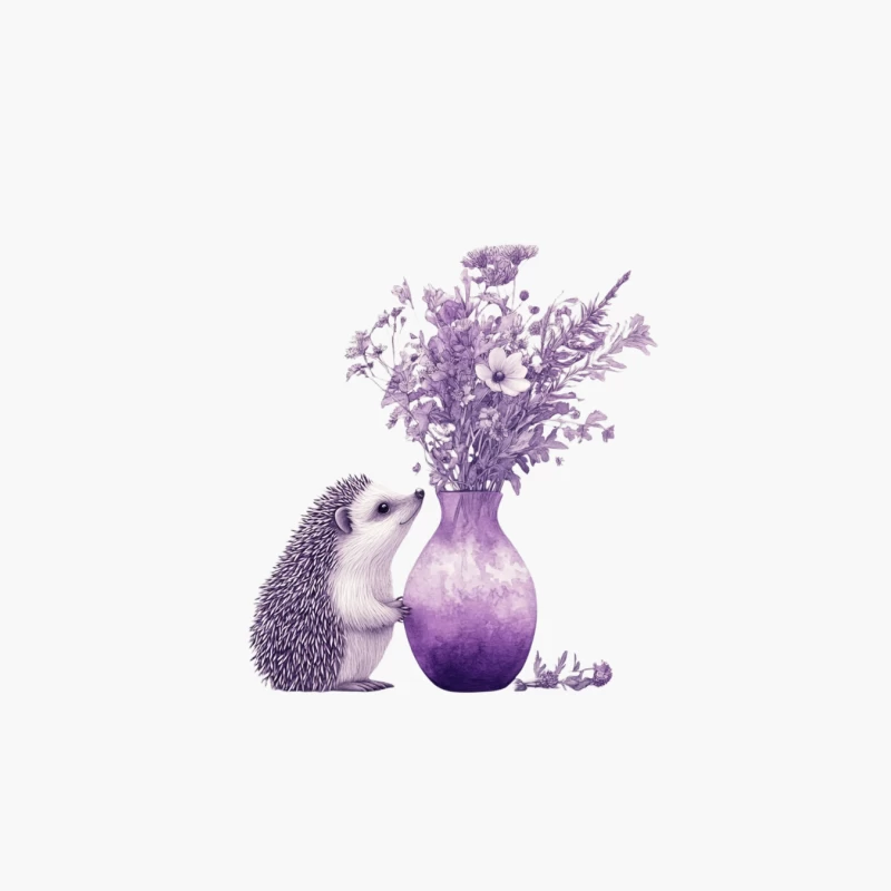 Cute Hedgehog with Purple Flower Vase Watercolor Illustration Cotton Tote Bag