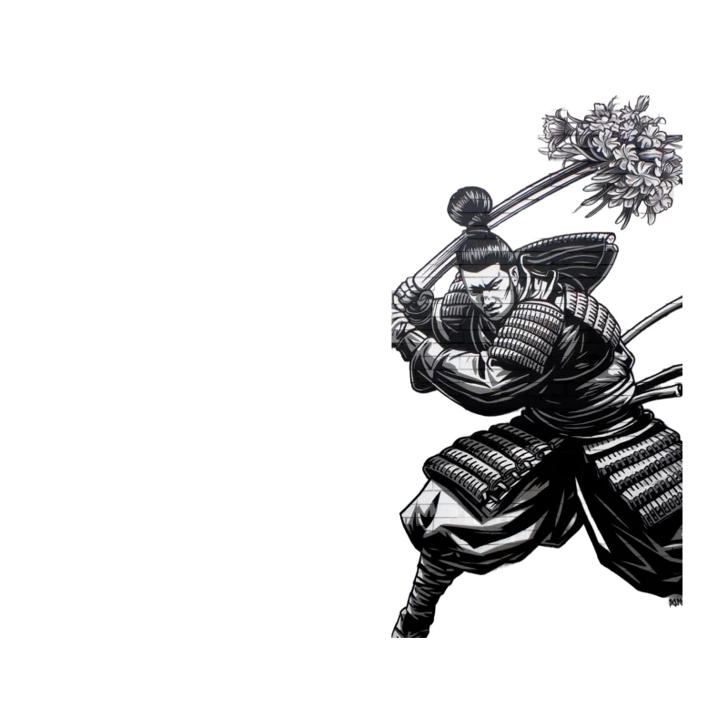 Japanese Samurai Warrior with Sword and Flower Tapestry