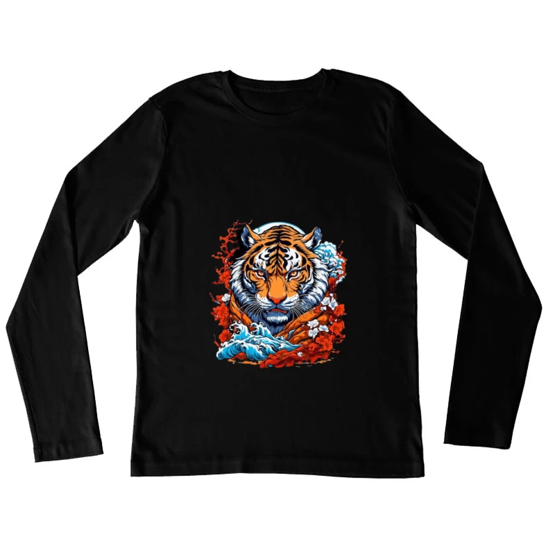 Illustration de tigre avec fleurs et vagues Femme Manches Longues T-Shirt