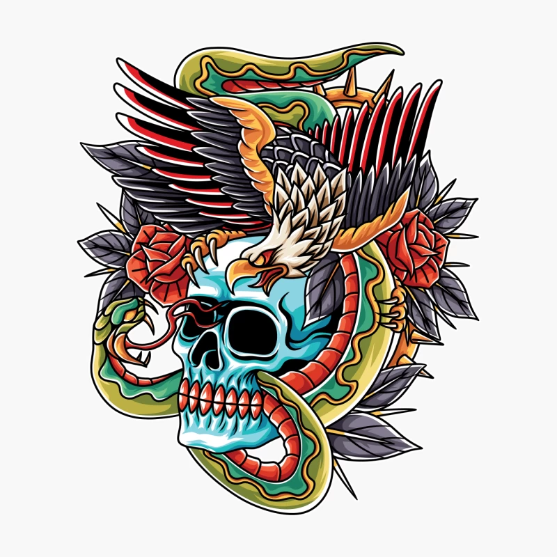 Colorful Tattoo Design Featuring a Skull, Eagle, and Snake Cotton Tote Bag