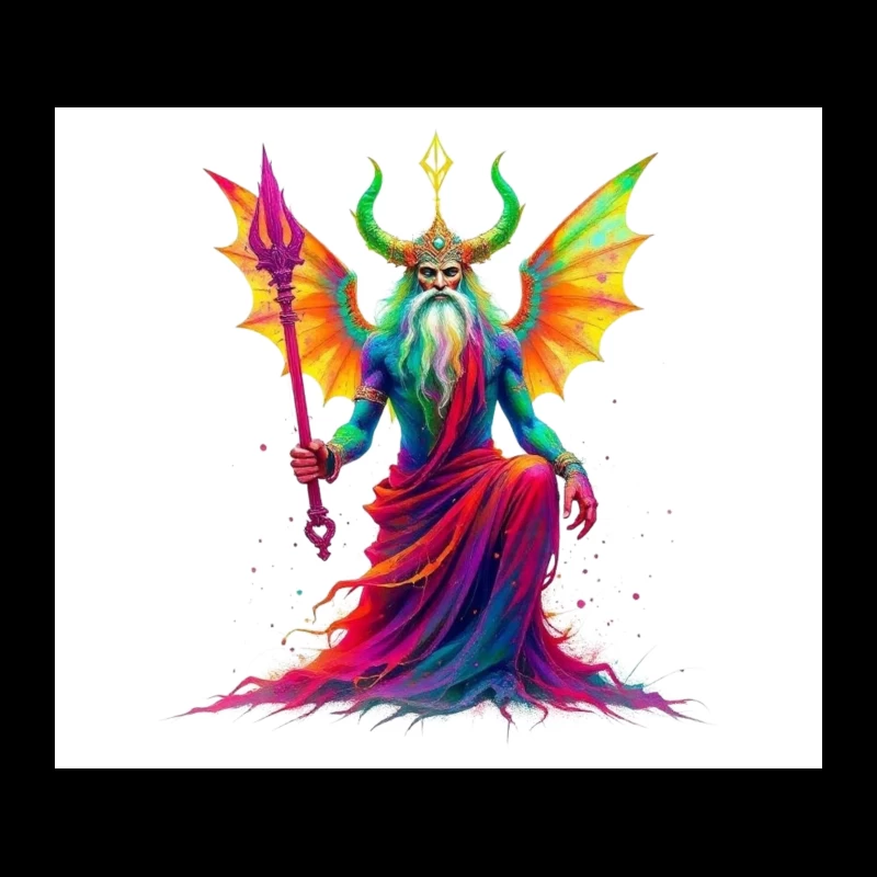 Rainbow-Hued Horned Deity with Dragon Wings Tapestry