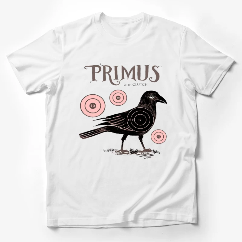 Vintage-Style Primus Concert Poster with Crow and Target Designs Male T-Shirt