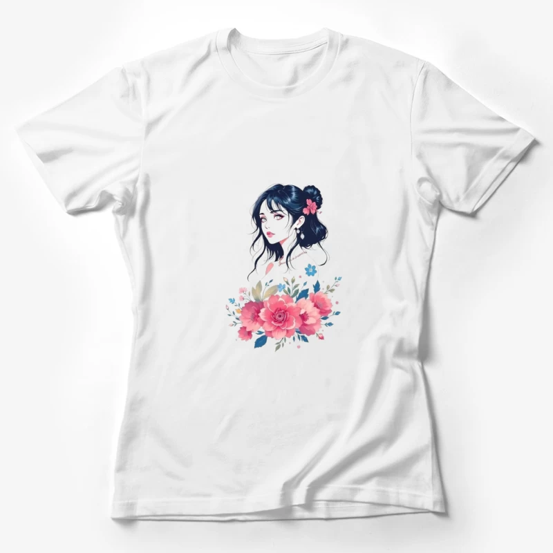 Elegant Anime Portrait with Pink Floral Arrangement Female T-Shirt