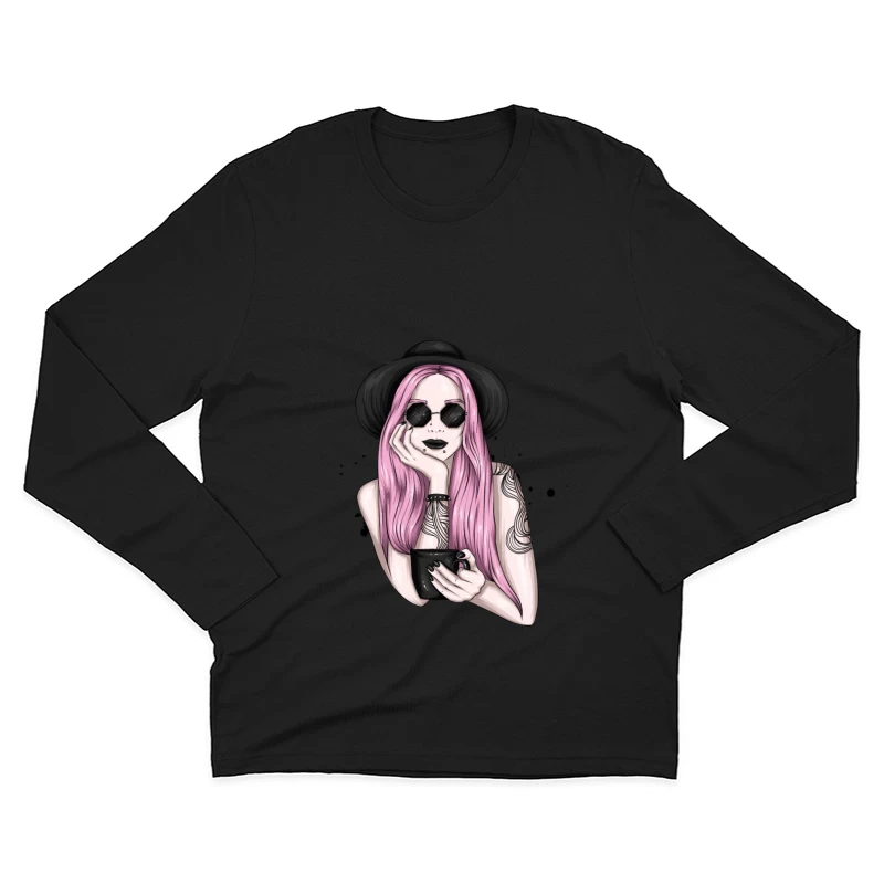 Stylish Woman with Pink Hair and Sunglasses Male Long Sleeve T-Shirt