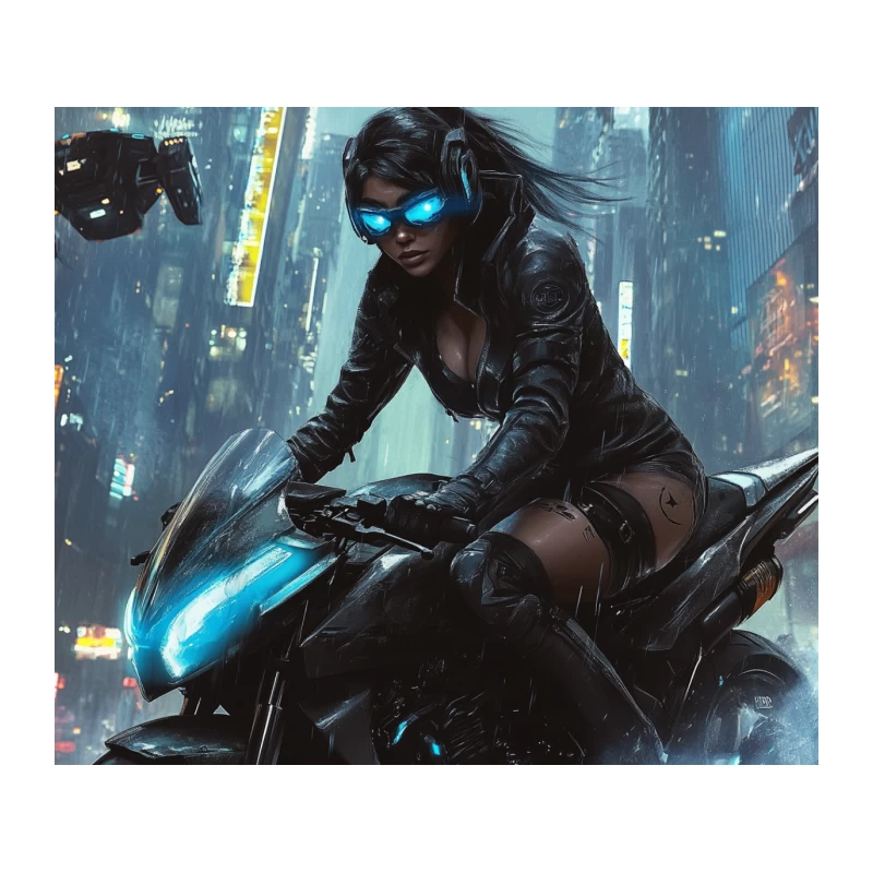 Cyberpunk Rider in Neon-Lit Futuristic Metropolis Tapestry