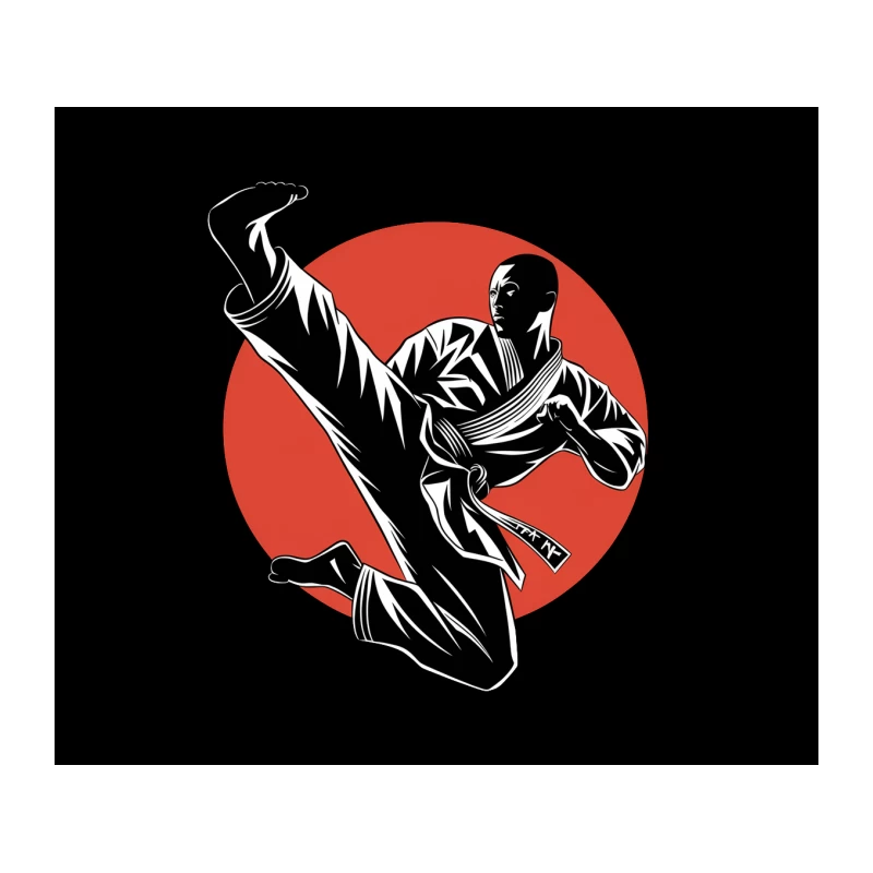 Dynamic Karate Kick Silhouette Against Red Circle Tapestry