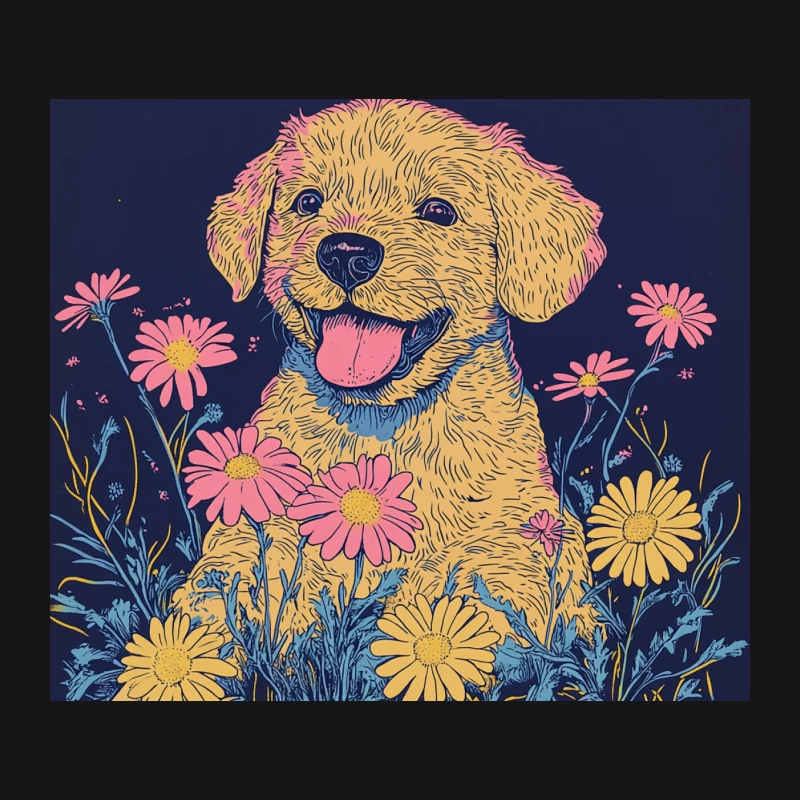 Cheerful Golden Retriever Portrait Amidst Colorful Floral Illustration Mouse Pad