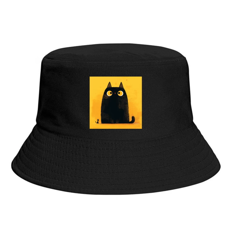 Adorable Black Cat with Big Yellow Eyes - Minimalist Illustration Bucket Hat