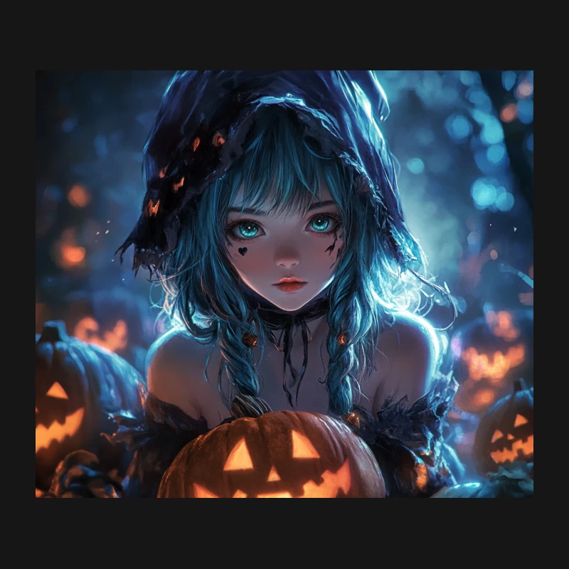 Mysterious Blue-Haired Anime Girl in Magical Halloween Fantasy Mouse Pad