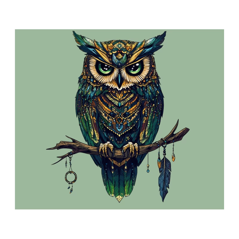 Ornate Colorful Owl Art on Branch Tapestry
