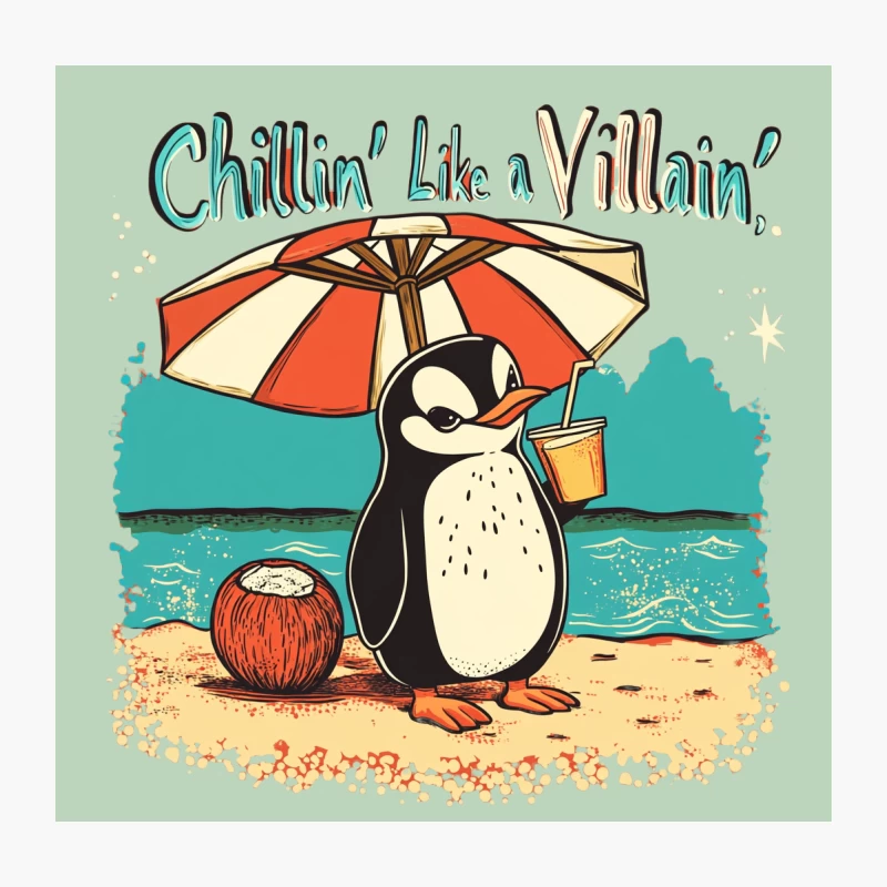 Cartoon Penguin's Villainous Beach Vacation Throw Pillow