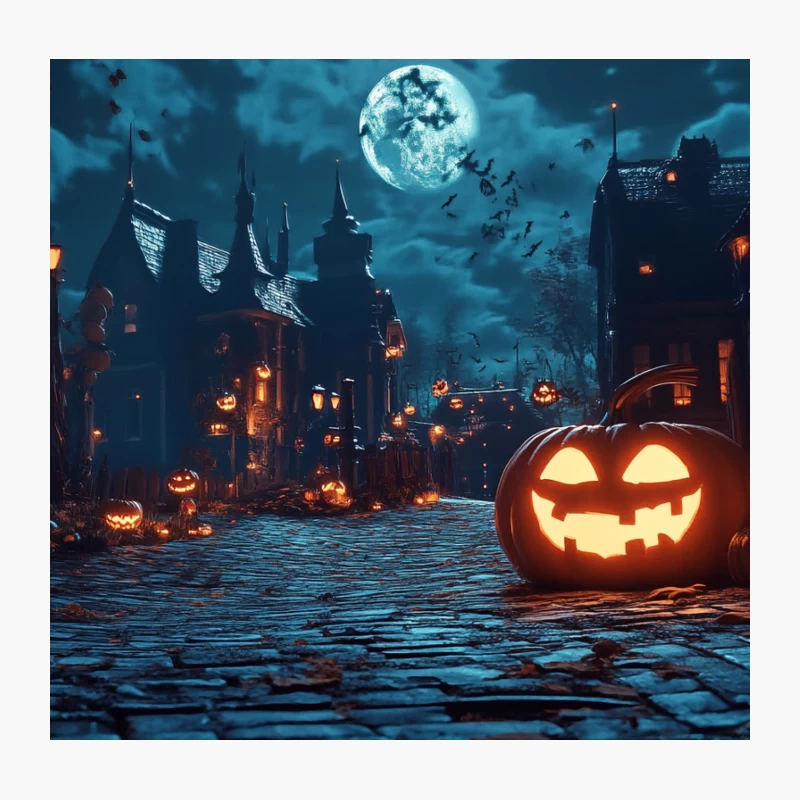 Eerie Halloween Night on Moonlit Cobblestone Street Throw Pillow