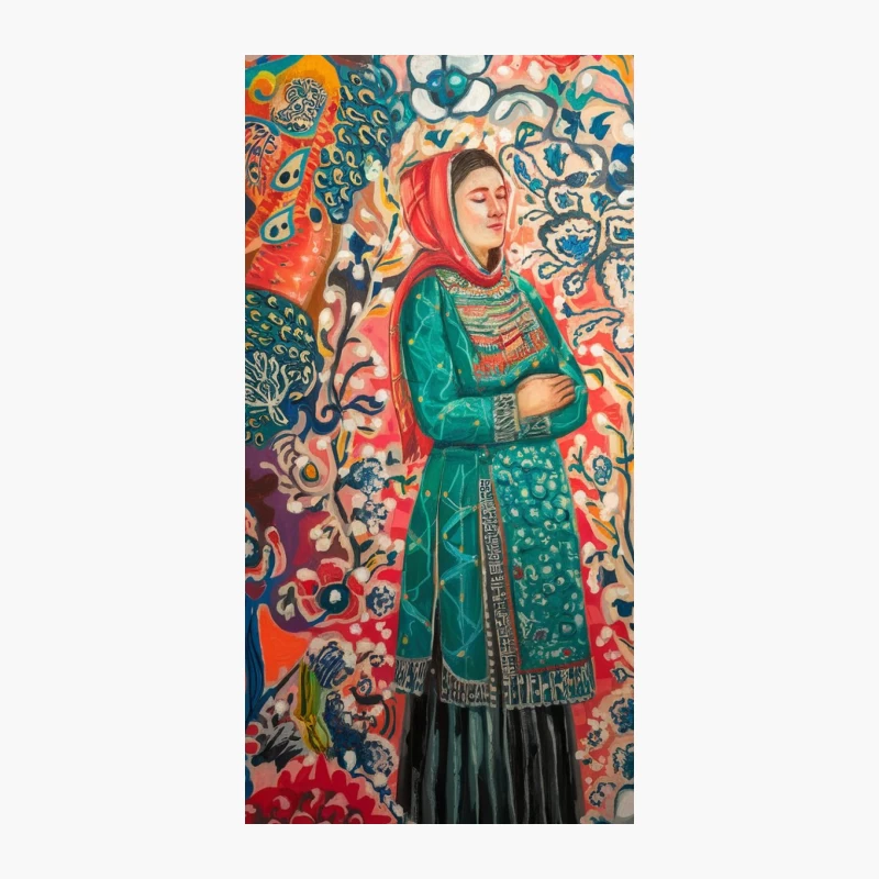 Vibrant Folk Art Painting of Woman in Traditional Costume Surrounded by Colorful Floral Patterns iPhone Case