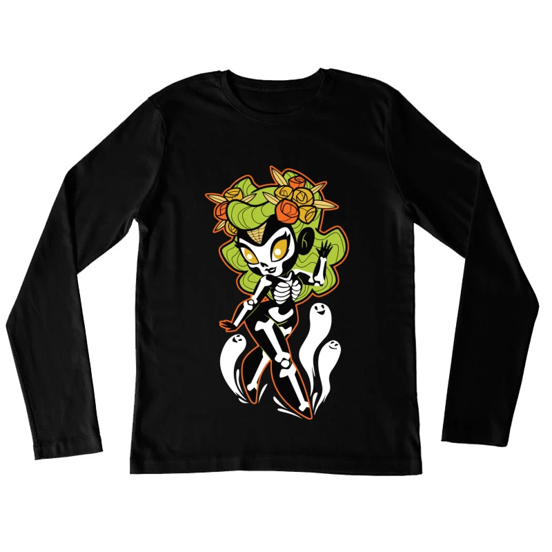 Ghostly Floral Skeleton Character Female Long Sleeve T-Shirt