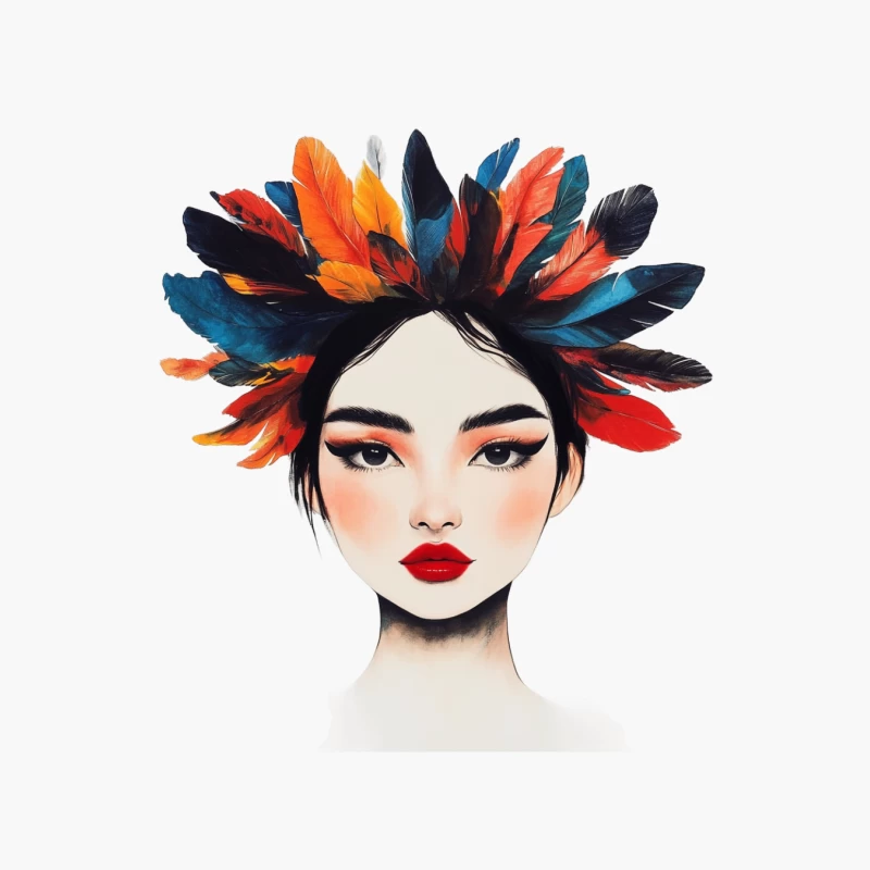 Vibrant Feathered Headdress Portrait: Artistic Fashion Illustration Cotton Tote Bag
