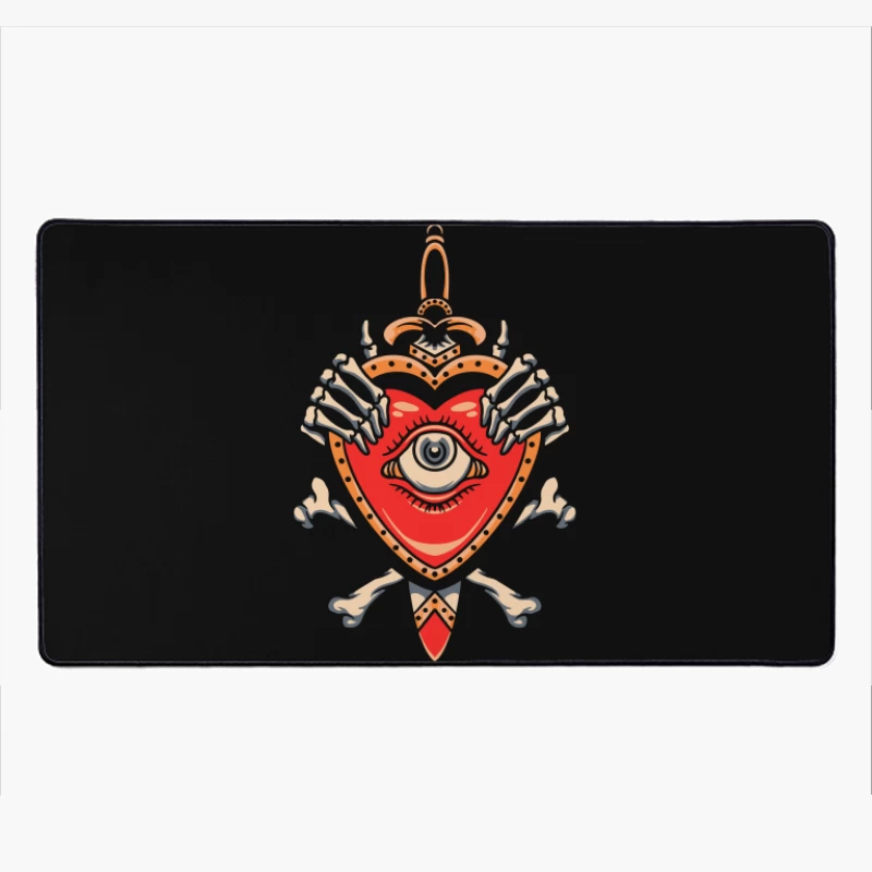 Heart with Eye and Skeleton Hands Desk Mat