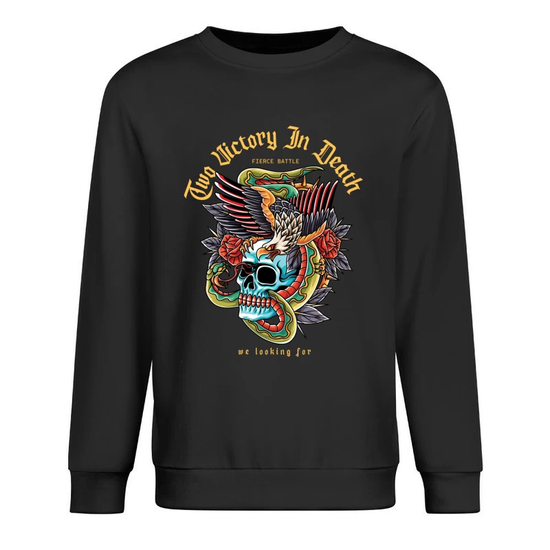 Fierce Battle Tattoo Design Featuring Skull, Eagle, and Snake Male Pullover Sweatshirt