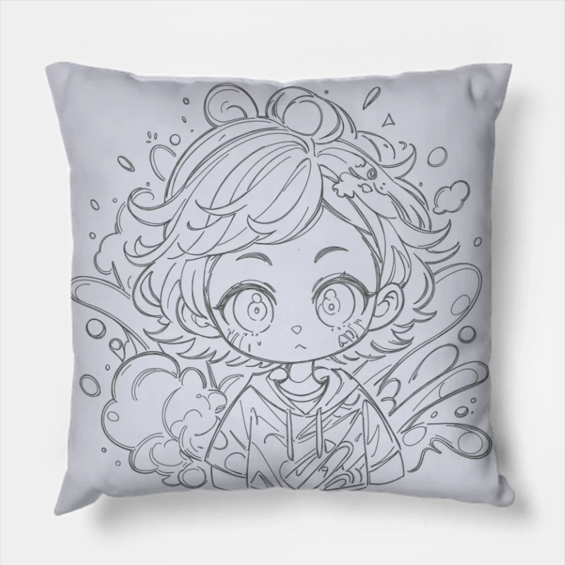 Chibi Character Surrounded by Water Throw Pillow