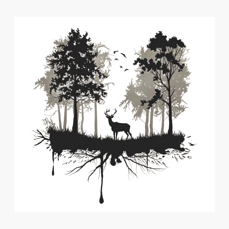 Abstract Forest Silhouette with Deer and Trees Throw Pillow