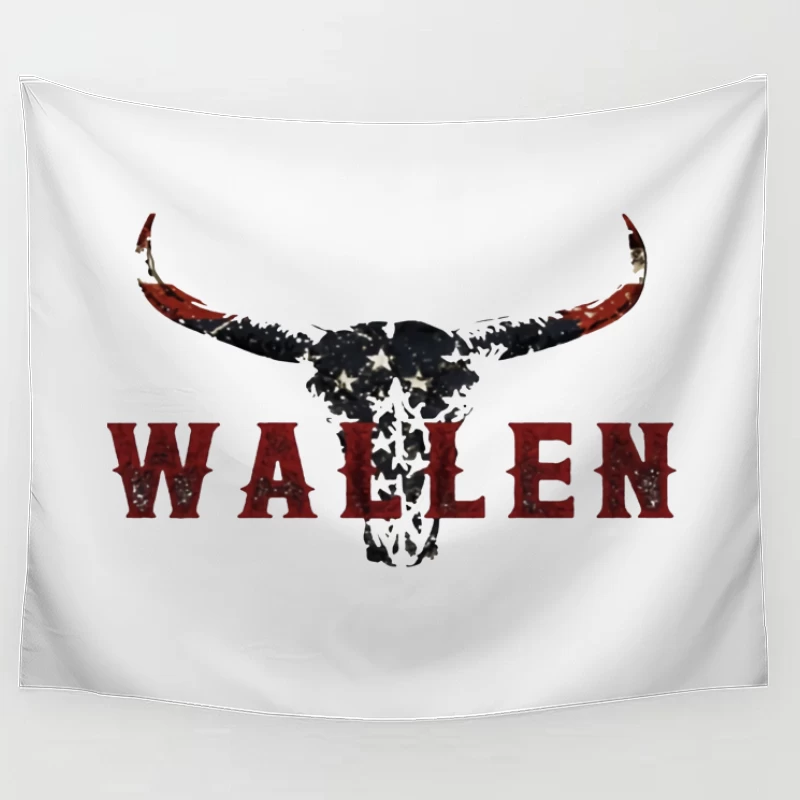 American Patriotic Western "Wallen" Logo with Flag-Patterned Bull Skull Tapestry