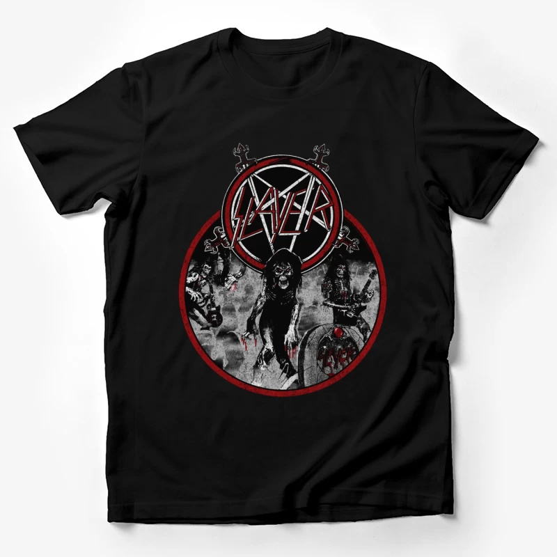 Slayer Heavy Metal Band Logo with Dark Horror-Themed Artwork Male T-Shirt